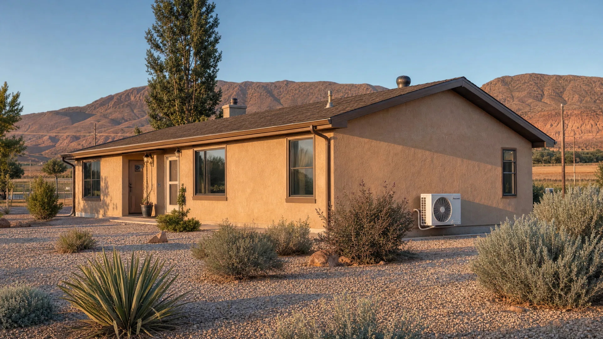 Ranch-style home in LaVerkin, Utah with a mini-split condenser unit installed on the exterior wall, desert landscape and mountains in the background
