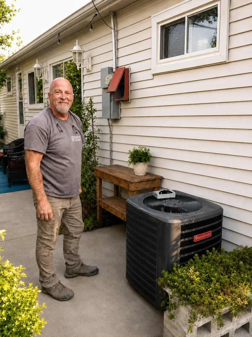 Bret Bergstrom, owner-operator of Dixie Comfort HVAC, standing next to a Goodman AC unit he installed in St. George, Utah